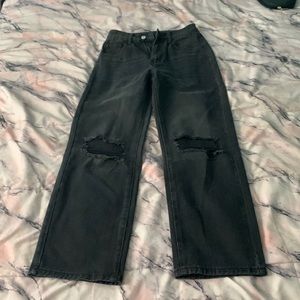 These are Shein petite black wide leg jeans. A size XXS. Not stretchable.